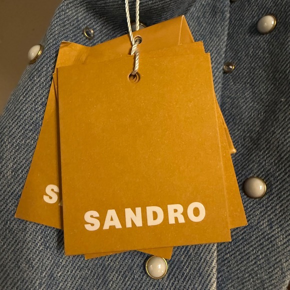 NWT Sandro Embellished Denim Jacket Pearl Crystal Studded Blue Cropped Sz 4 - Picture 13 of 14